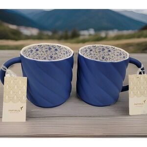 NWT PAPYRUS Mugs Set‎ Of 2 Spiral Ribbed BLUE Soft Touch Florals Interior